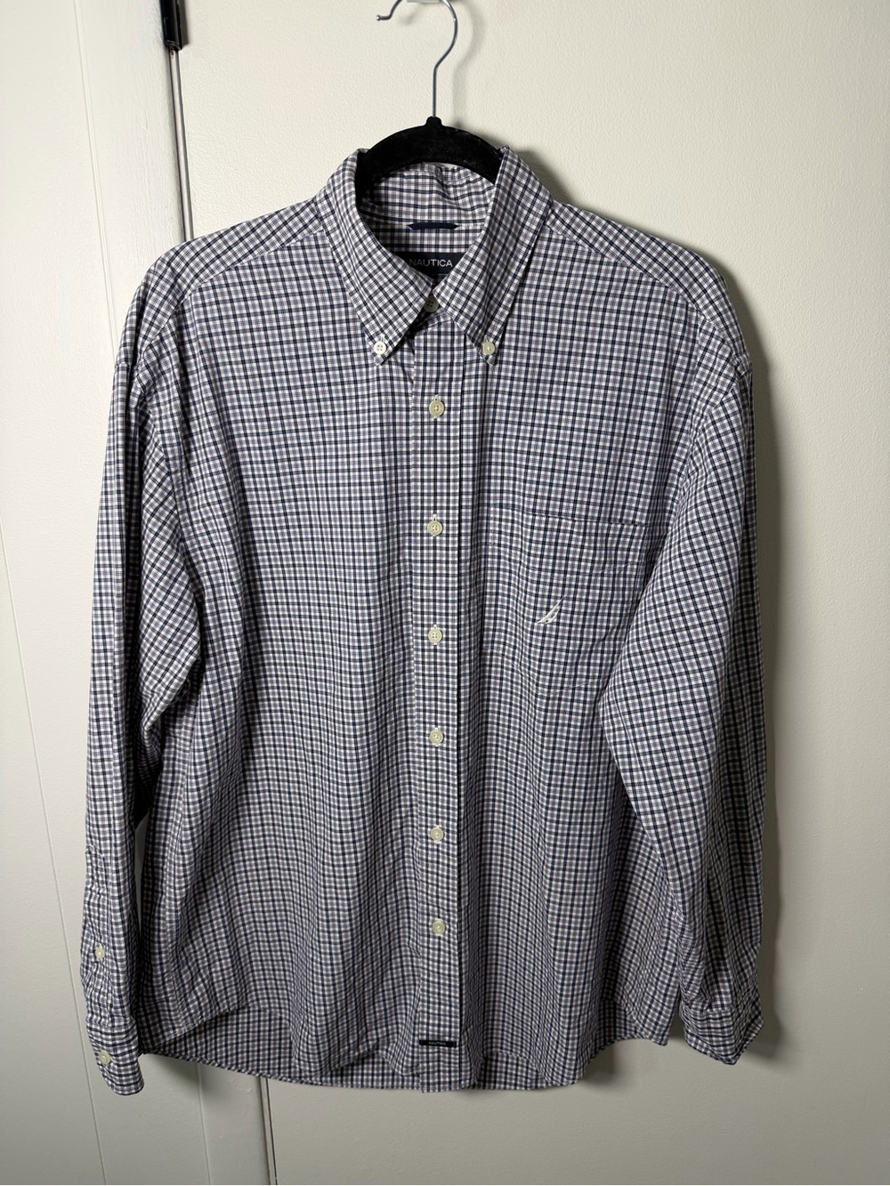 Nautica Men’s Dress Shirt | Blue Check Sanded Poplin | Large | GUC